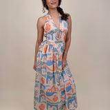 Off To Kokomo Maxi Dress in beige multi stamp print with halter neckline and open back bow — Paper Doll
