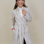 Heritage Belted Coat in oatmeal pinstripe knit with tie belt — Paper Doll