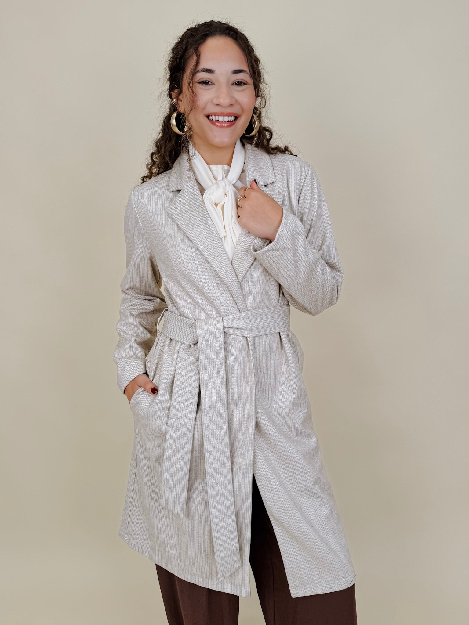 Heritage Belted Coat in oatmeal pinstripe knit with tie belt — Paper Doll