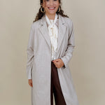 Heritage Belted Coat in oatmeal pinstripe knit with tie belt — Paper Doll