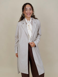 Heritage Belted Coat in oatmeal pinstripe knit with tie belt — Paper Doll