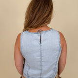 Zena Round Neck Top in light wash denim with a sleeveless cut and keyhole back — Paper Doll