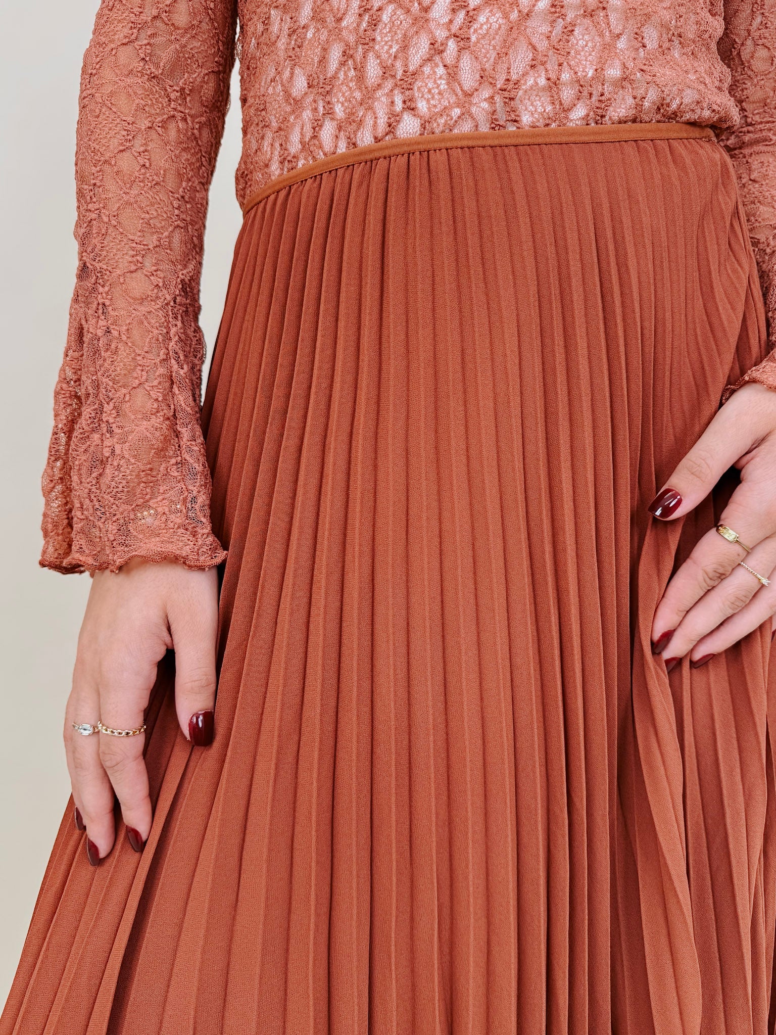 Flora Maxi Skirt in rust accordion pleated polyester — Paper Doll