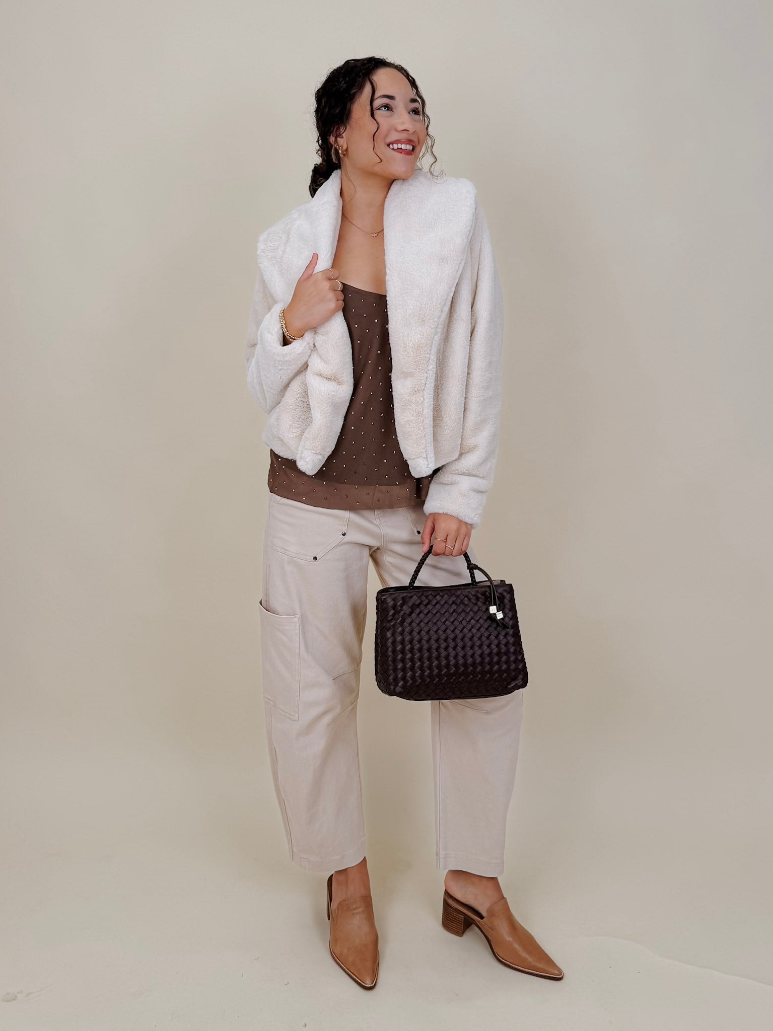 Rhinestud Blouse in mocha mesh with scattered rhinestones — Paper Doll