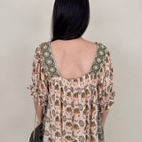 Kace Floral Boho Blouse in cream botanical print with embroidered yoke and smocked ruffle sleeves — Paper Doll

