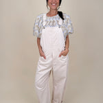 Palm Breeze Blouse in cream with olive and lavender palm tree print and puff sleeves — Paper Doll