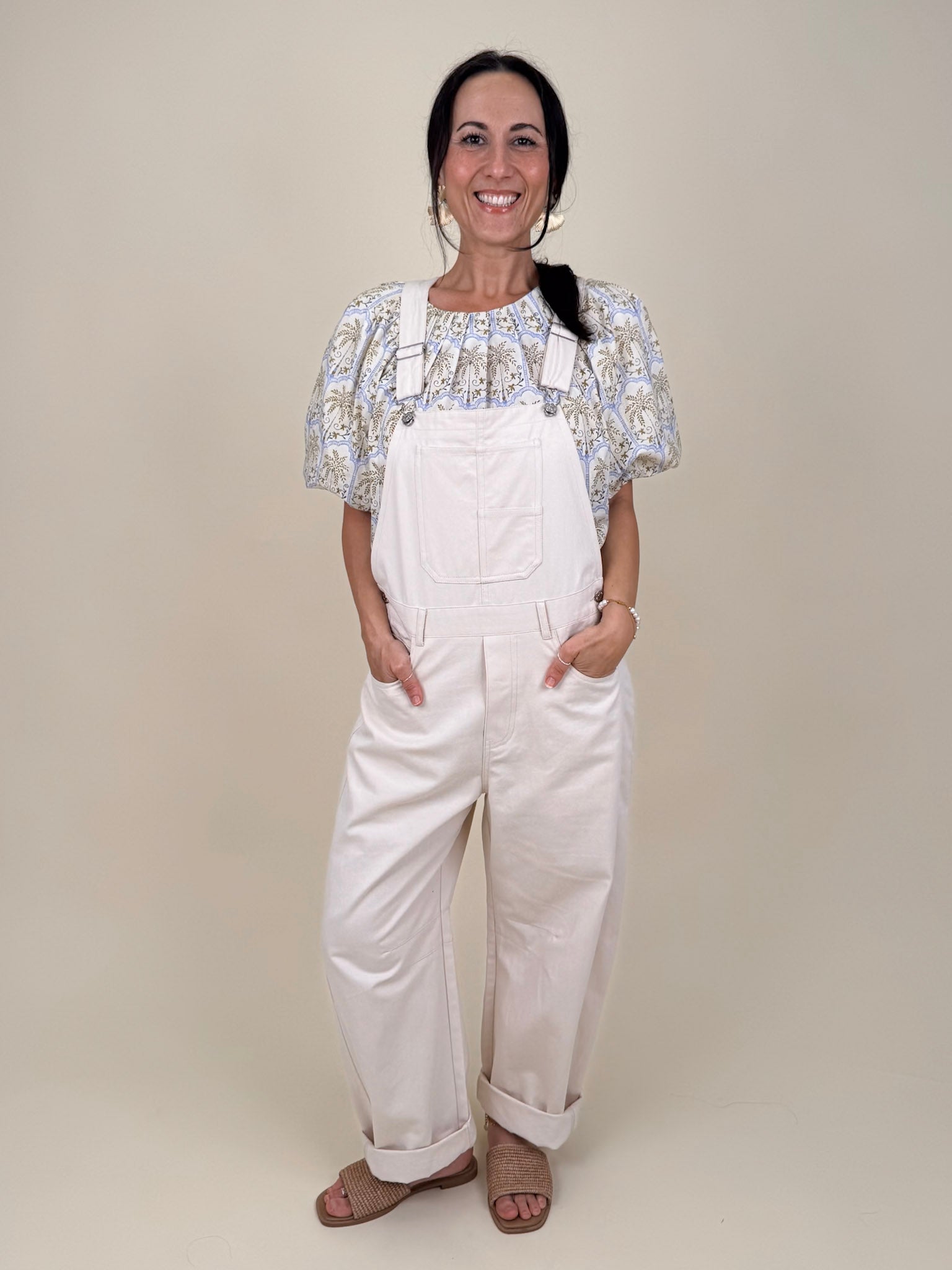 Palm Breeze Blouse in cream with olive and lavender palm tree print and puff sleeves — Paper Doll