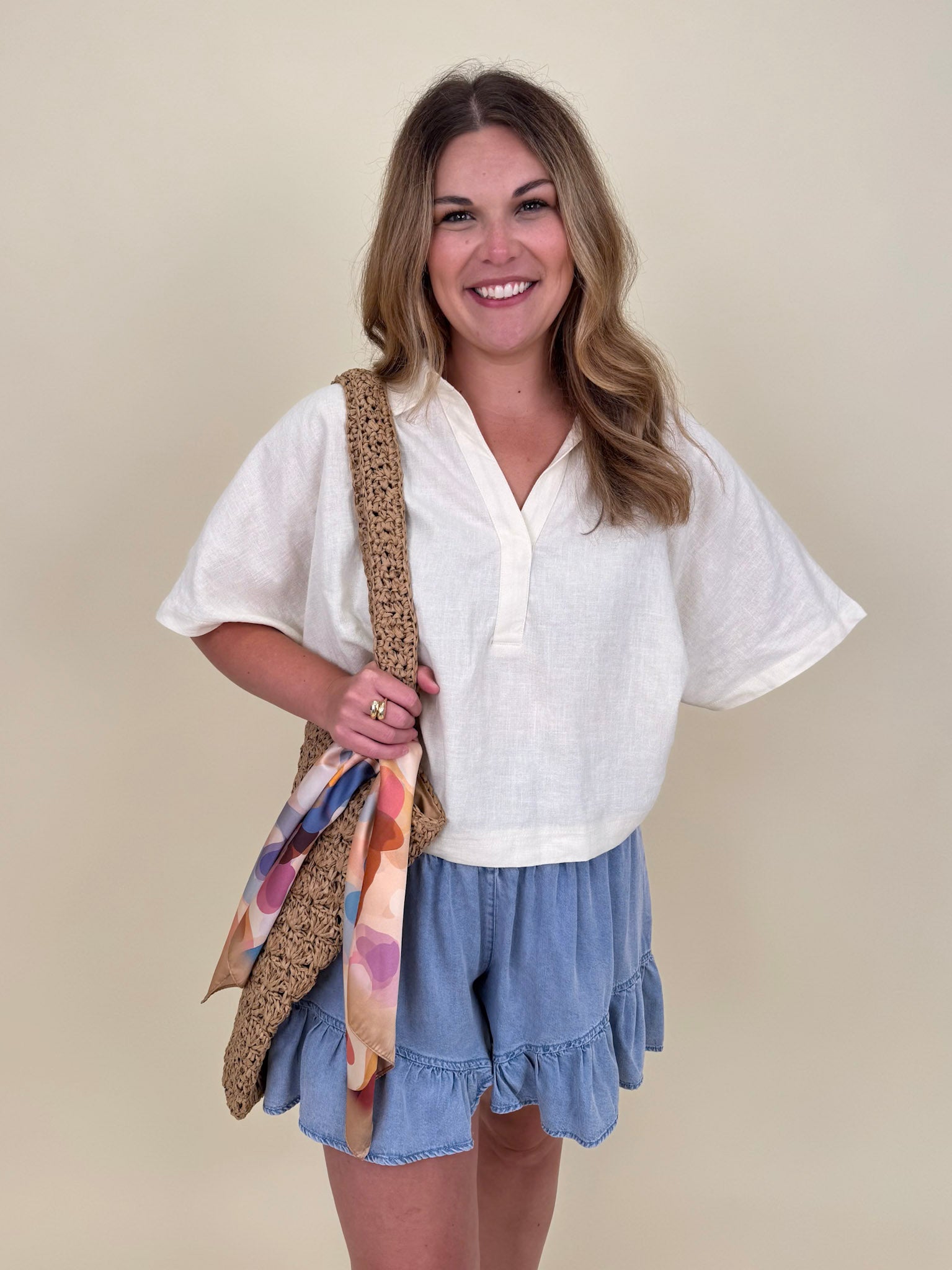 Galilea Oversized Open Collar Top in cream with relaxed collar and boxy fit — Paper Doll