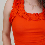 Tammy Ruffle Tank in red with a ruffle shoulder and neckline — Paper Doll