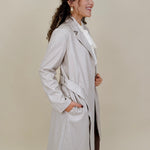 Heritage Belted Coat in oatmeal pinstripe knit with tie belt — Paper Doll