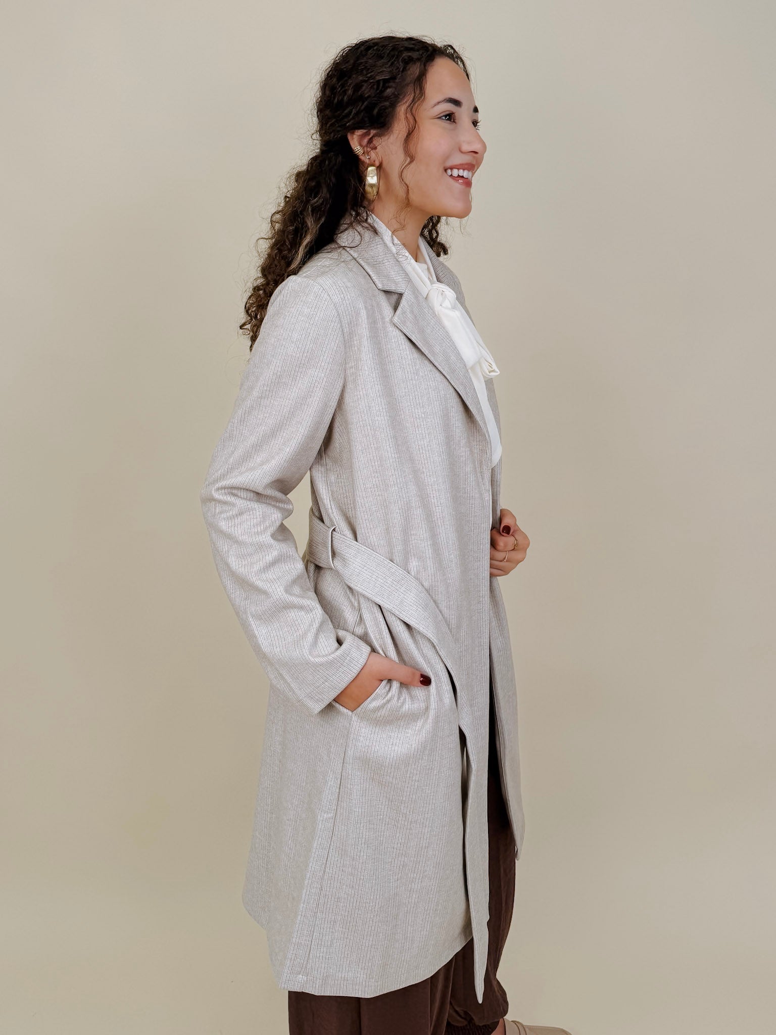 Heritage Belted Coat in oatmeal pinstripe knit with tie belt — Paper Doll