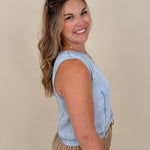 Zena Round Neck Top in light wash denim with a sleeveless cut and keyhole back — Paper Doll