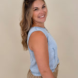 Zena Round Neck Top in light wash denim with a sleeveless cut and keyhole back — Paper Doll