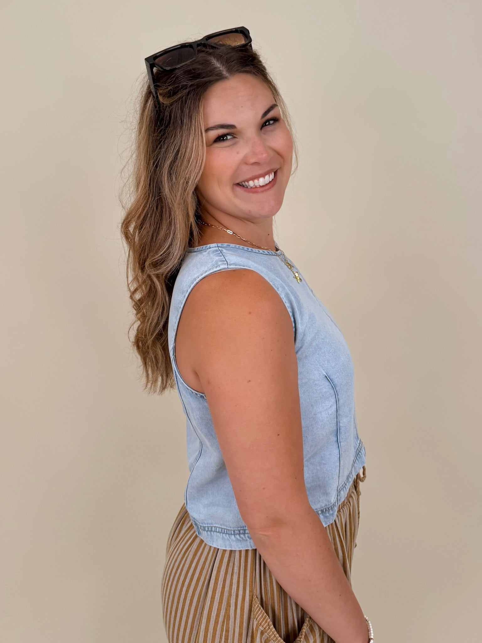 Zena Round Neck Top in light wash denim with a sleeveless cut and keyhole back — Paper Doll