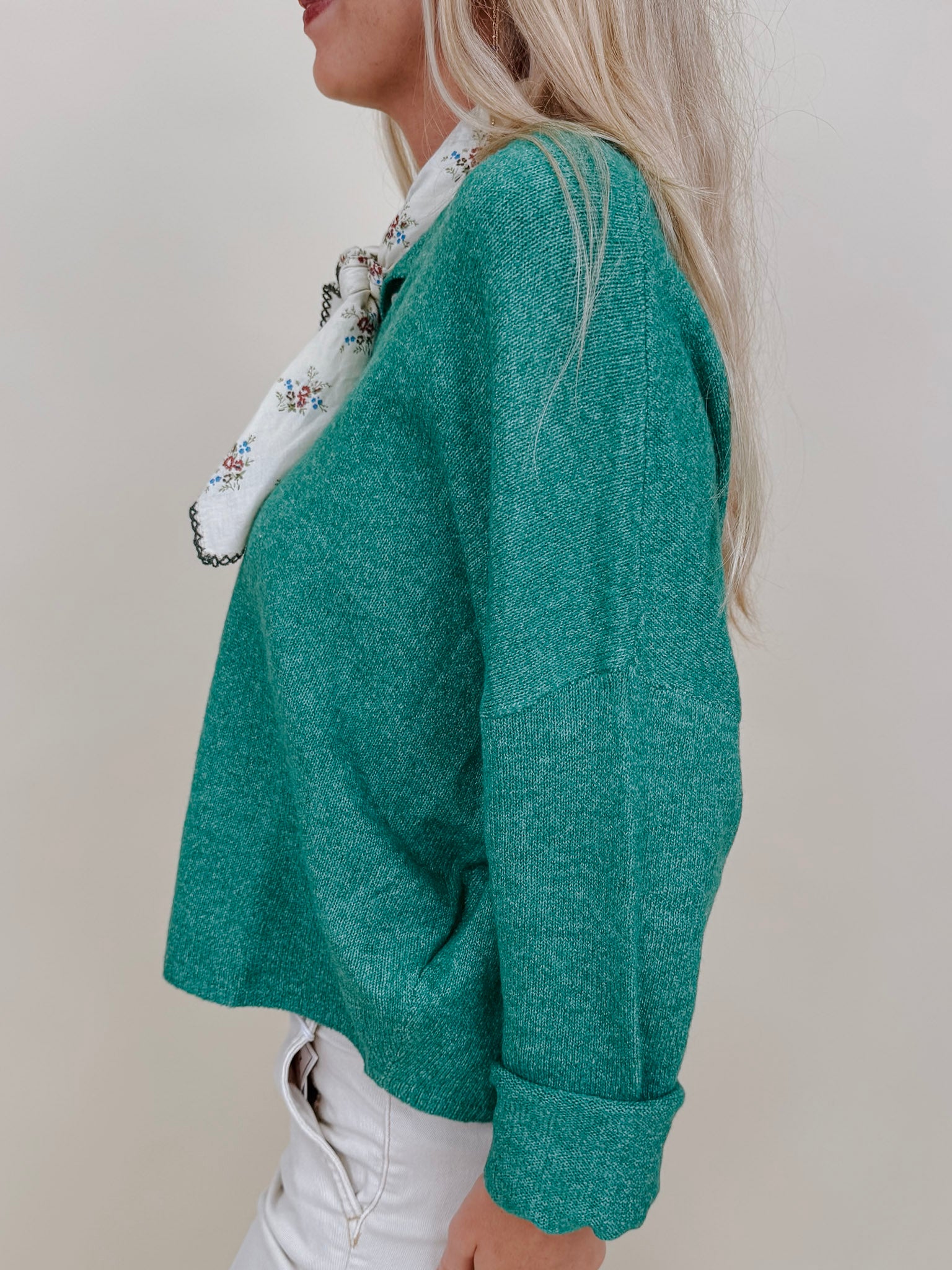 Della Super Soft Button Up Knit Sweater in heathered green with a button front — Paper Doll
