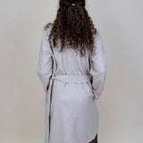 Heritage Belted Coat in oatmeal pinstripe knit with tie belt — Paper Doll