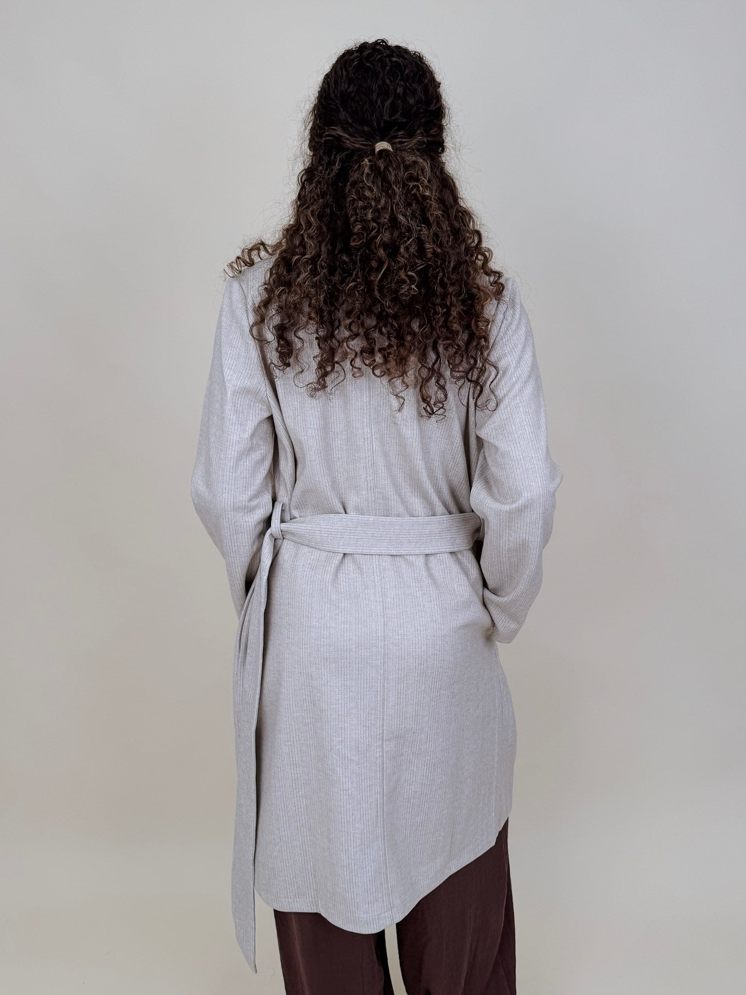 Heritage Belted Coat in oatmeal pinstripe knit with tie belt — Paper Doll