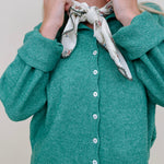 Della Super Soft Button Up Knit Sweater in heathered green with a button front — Paper Doll
