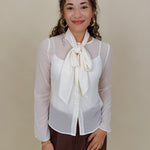 Clocked In Blouse in sheer ivory chiffon with neck tie bow — Paper Doll