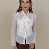 Clocked In Blouse in sheer ivory chiffon with neck tie bow — Paper Doll