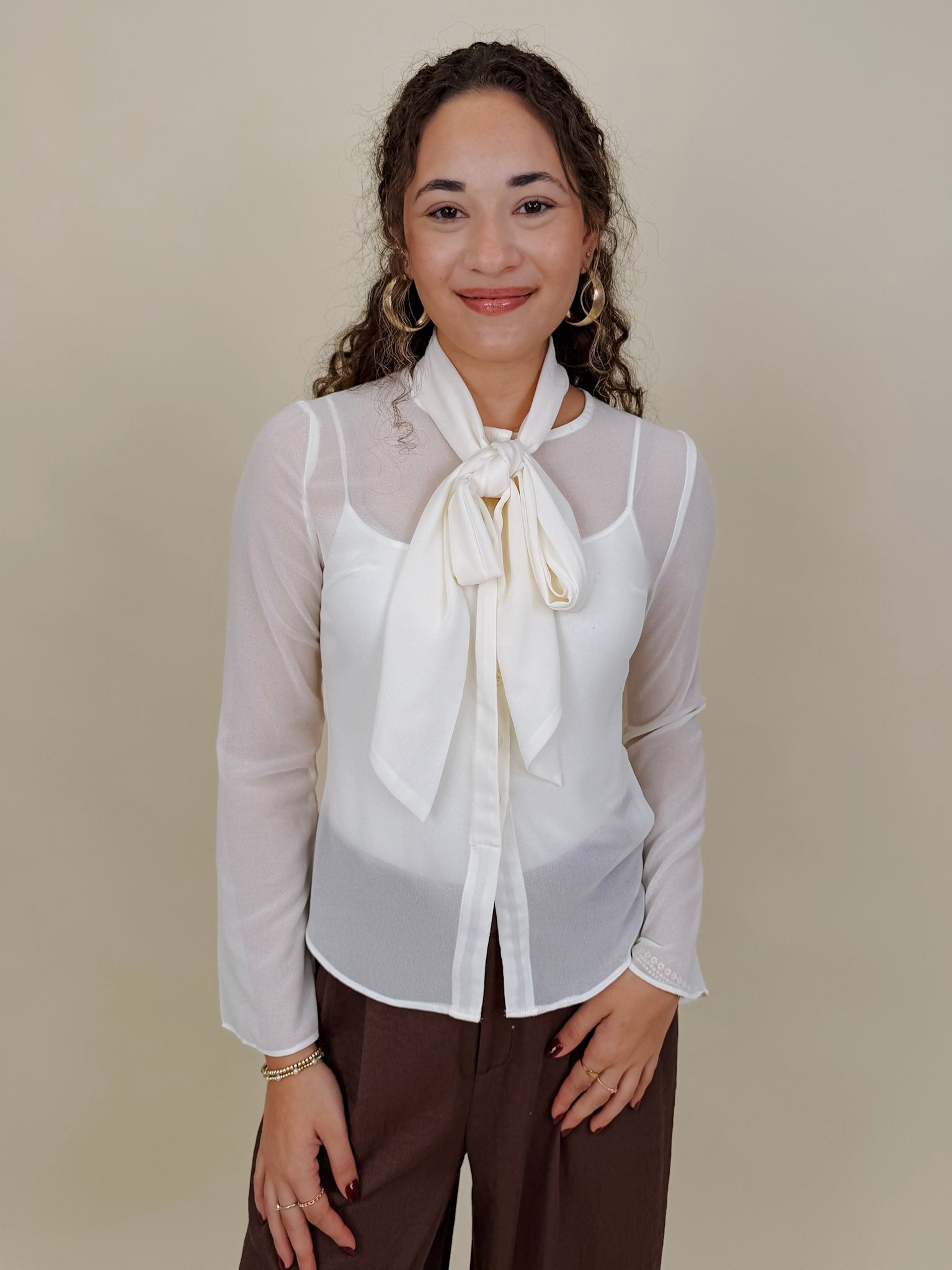 Clocked In Blouse in sheer ivory chiffon with neck tie bow — Paper Doll