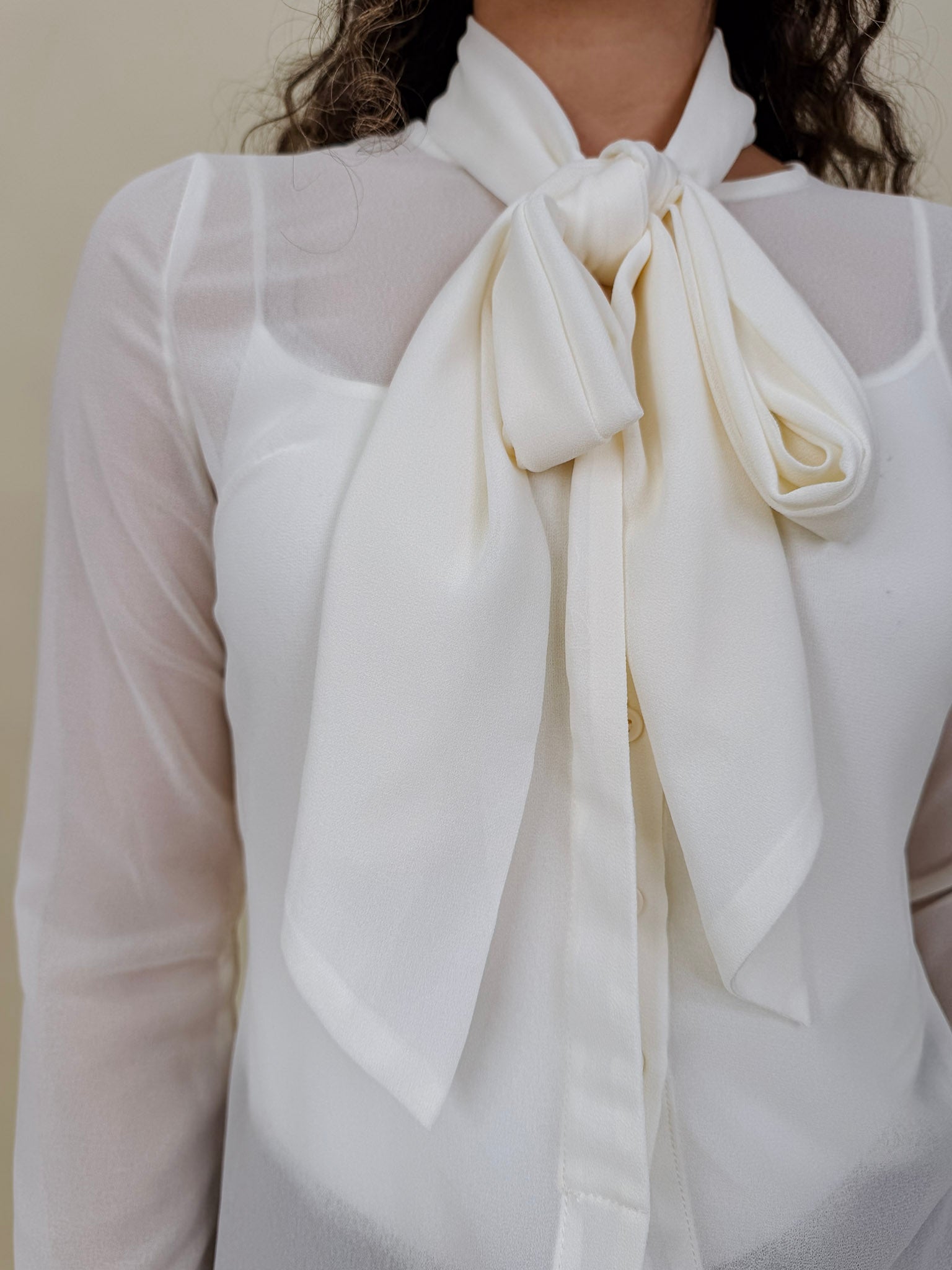 Clocked In Blouse in sheer ivory chiffon with neck tie bow — Paper Doll