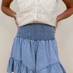 Haisley Eyelet Blouse in light yellow with eyelet embroidery and lace trim — Paper Doll