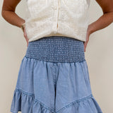 Haisley Eyelet Blouse in light yellow with eyelet embroidery and lace trim — Paper Doll