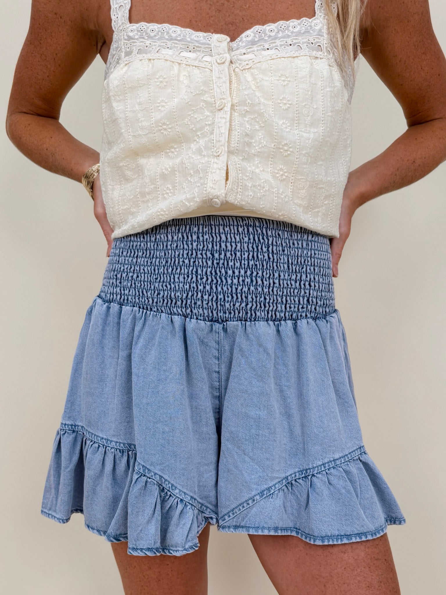 Haisley Eyelet Blouse in light yellow with eyelet embroidery and lace trim — Paper Doll