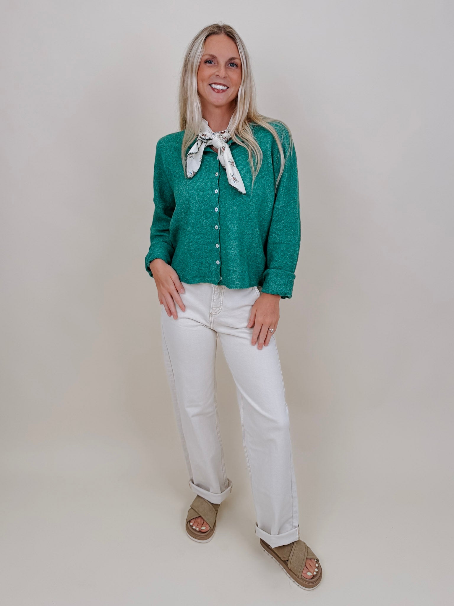 Della Super Soft Button Up Knit Sweater in heathered green with a button front — Paper Doll
