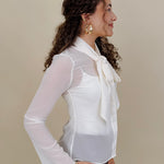 Clocked In Blouse in sheer ivory chiffon with neck tie bow — Paper Doll