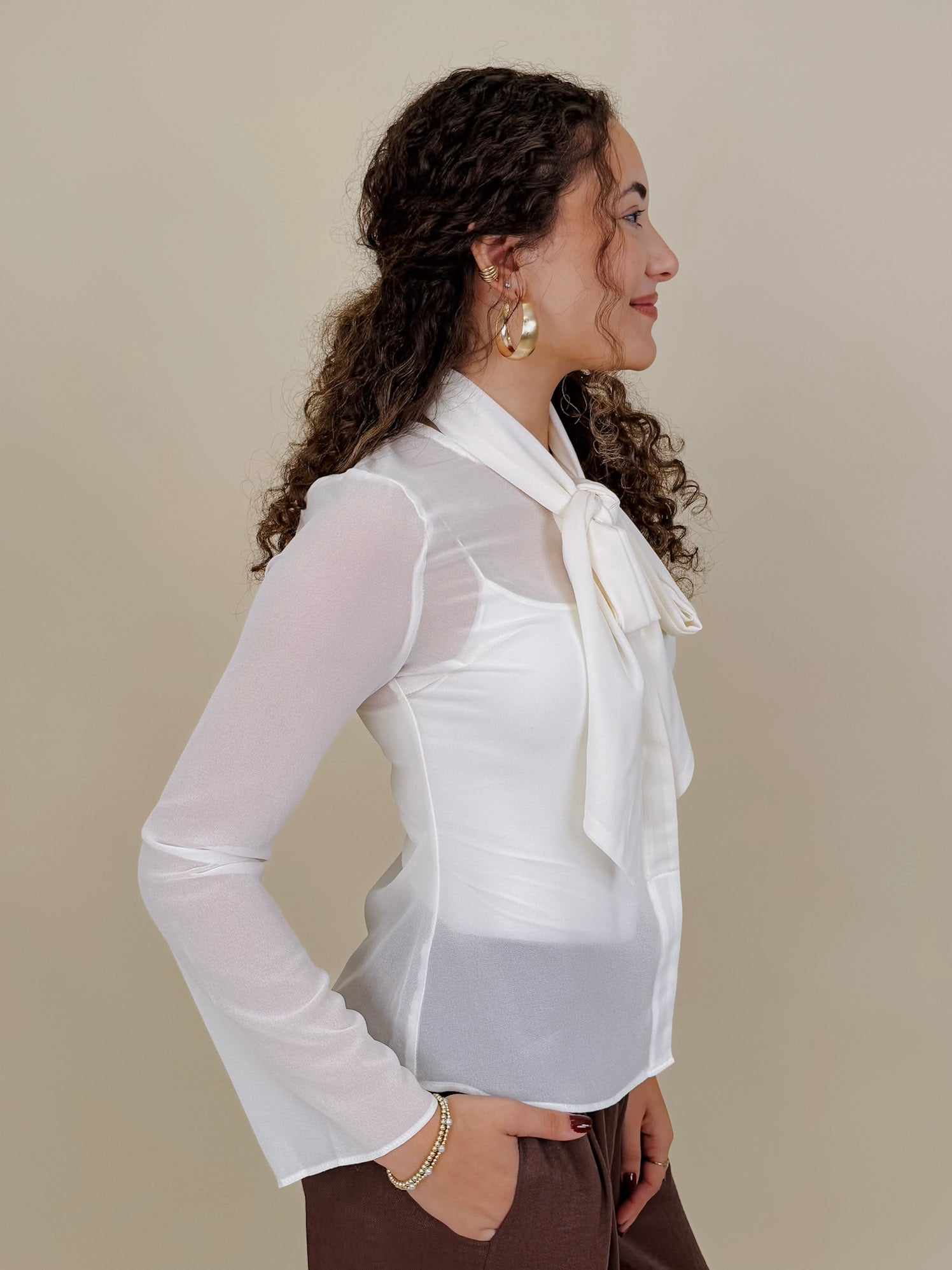 Clocked In Blouse in sheer ivory chiffon with neck tie bow — Paper Doll