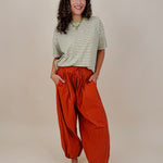 Triple Threat Boxy Striped Tee in olive and cream stripe with contrast neckline — Paper Doll