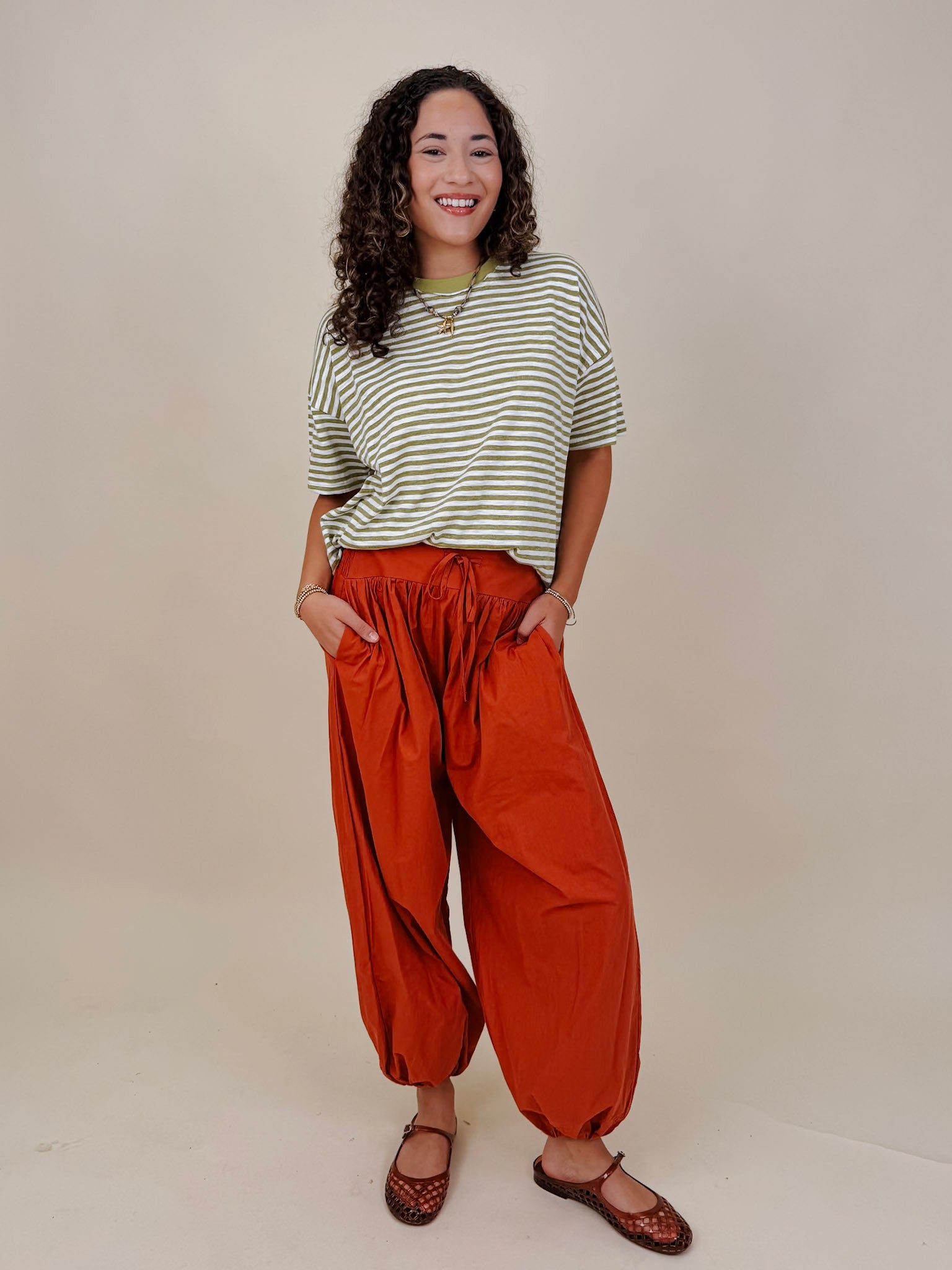 Triple Threat Boxy Striped Tee in olive and cream stripe with contrast neckline — Paper Doll