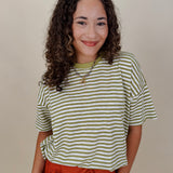 Triple Threat Boxy Striped Tee in olive and cream stripe with contrast neckline — Paper Doll