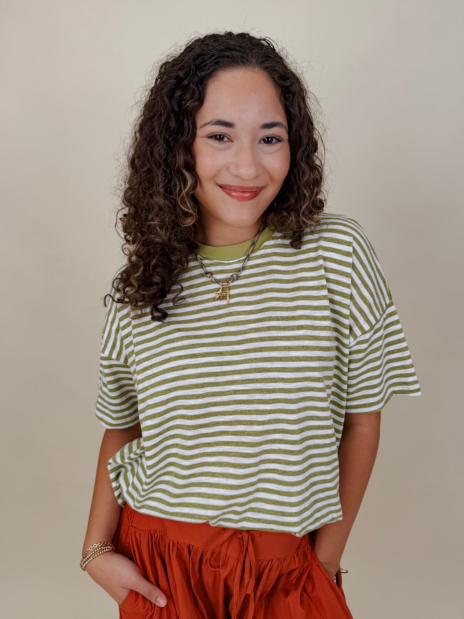 Triple Threat Boxy Striped Tee in olive and cream stripe with contrast neckline — Paper Doll