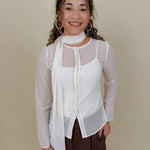Clocked In Blouse in sheer ivory chiffon with neck tie bow — Paper Doll