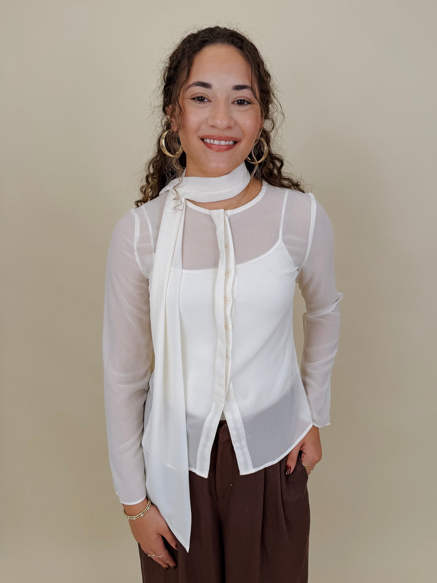 Clocked In Blouse in sheer ivory chiffon with neck tie bow — Paper Doll