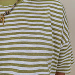 Triple Threat Boxy Striped Tee in olive and cream stripe with contrast neckline — Paper Doll