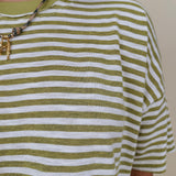 Triple Threat Boxy Striped Tee in olive and cream stripe with contrast neckline — Paper Doll