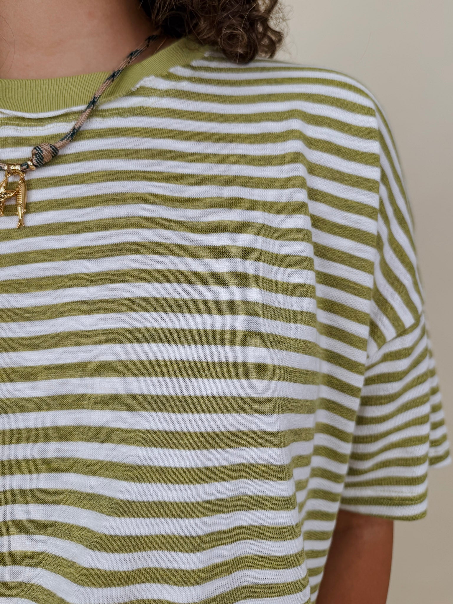 Triple Threat Boxy Striped Tee in olive and cream stripe with contrast neckline — Paper Doll