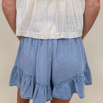 Haisley Eyelet Blouse in light yellow with eyelet embroidery and lace trim — Paper Doll