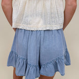 Haisley Eyelet Blouse in light yellow with eyelet embroidery and lace trim — Paper Doll
