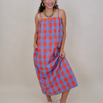 Rebels Midi Dress in red and periwinkle check with adjustable straps — Paper Doll