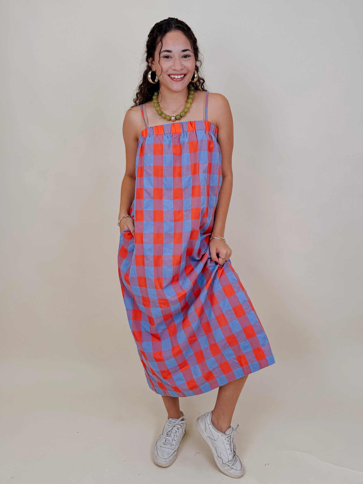 Rebels Midi Dress in red and periwinkle check with adjustable straps — Paper Doll