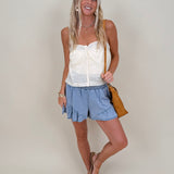 Haisley Eyelet Blouse in light yellow with eyelet embroidery and lace trim — Paper Doll