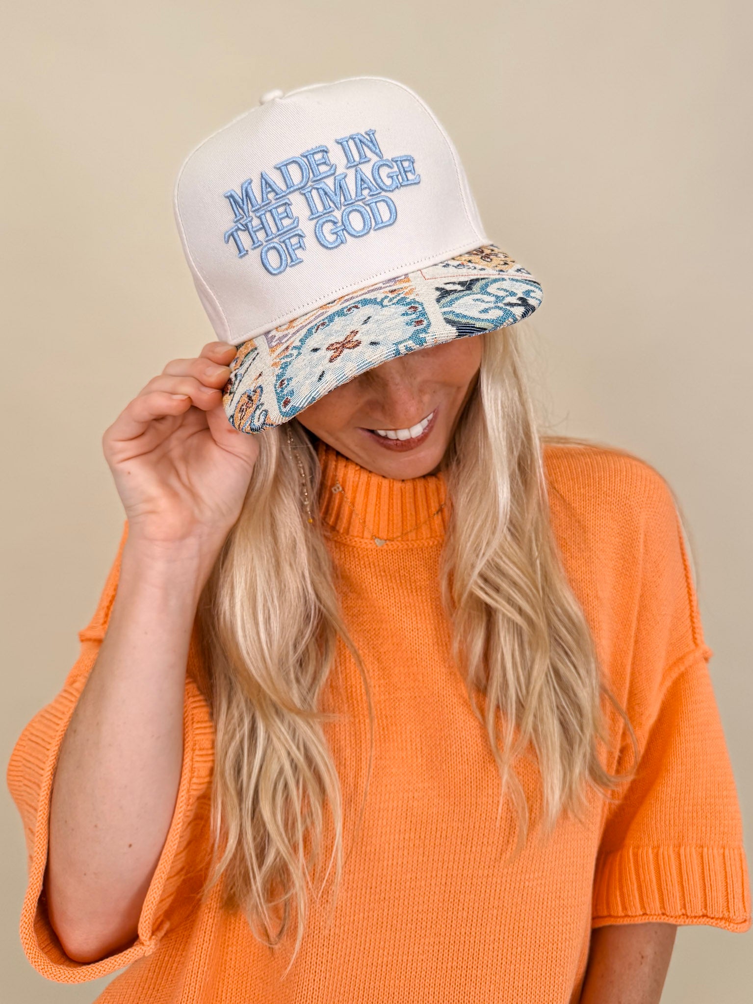 Hilda Oversized Sweater in bright peach with a mock neck and elbow sleeves — Paper Doll
