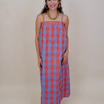 Rebels Midi Dress in red and periwinkle check with adjustable straps — Paper Doll