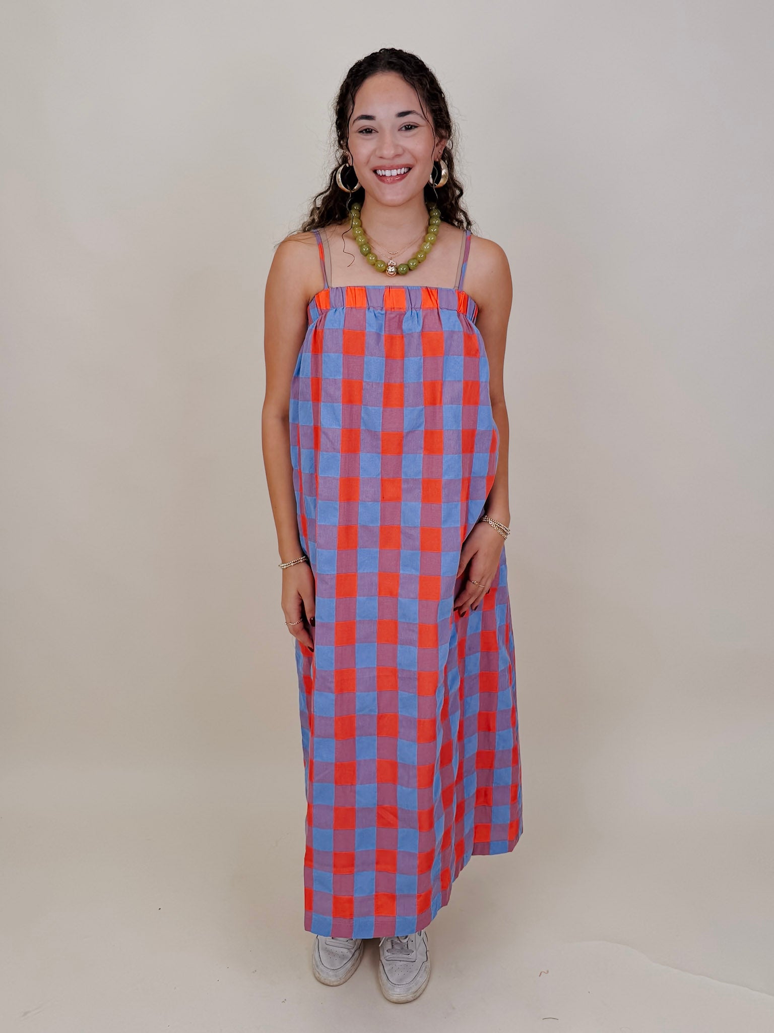 Rebels Midi Dress in red and periwinkle check with adjustable straps — Paper Doll