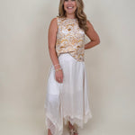 Kara Lace Trim Skirt in ivory satin with eyelash lace asymmetric hem — Paper Doll